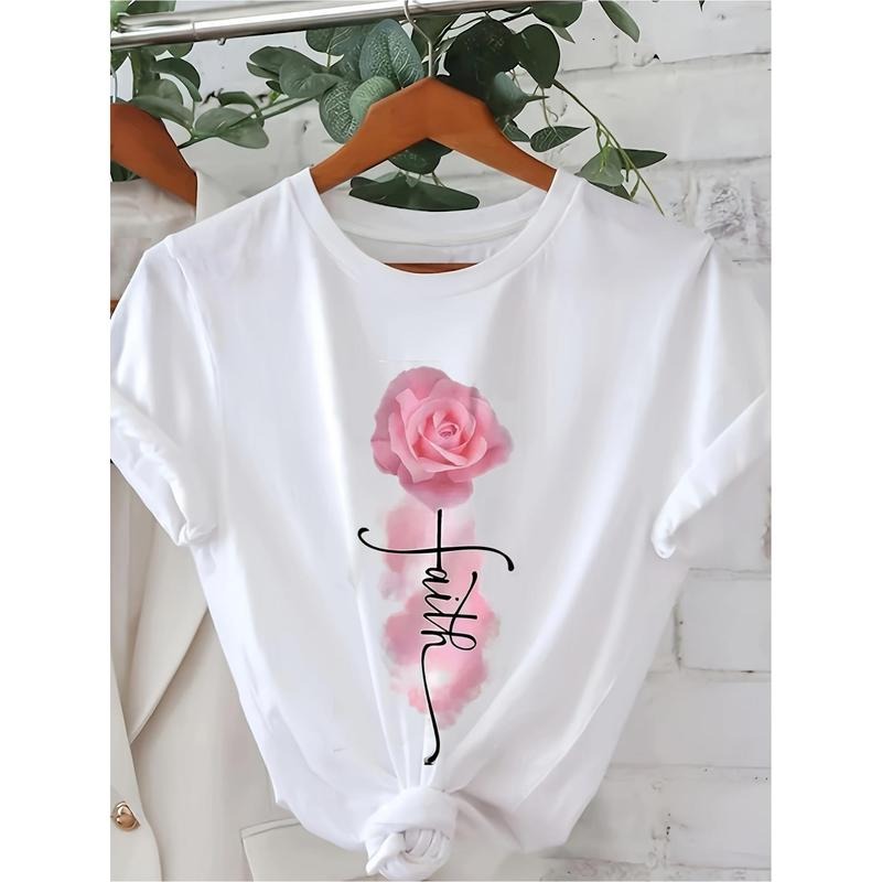 plus SizeFloral and Faith Printed Crew Neck T-shirt, Spring/Summer Casual Short-Sleeved Top, Women's Clothing Hoodie,...