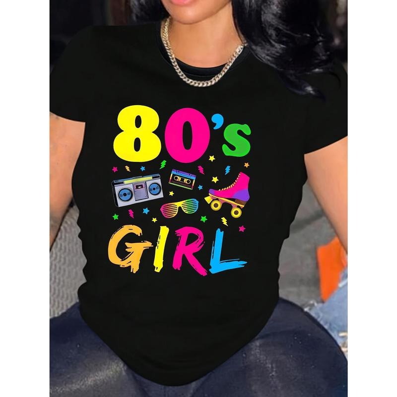 Women'S 80'S Girl Graphic Tee, Short Sleeve Crew Neck T-Shirt, Polyester Knit Fabric, Medium Stretch, Regular Fit,...