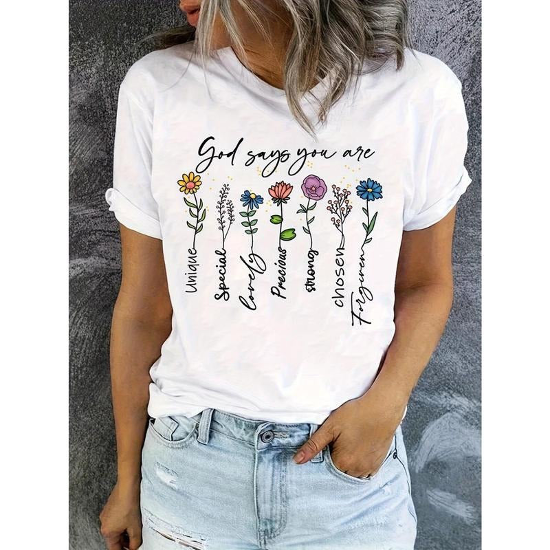 Women's Relaxed Fit Cotton T-Shirt with "God Save Our Flowers" Floral & Butterfly Graphic Print