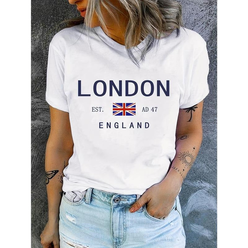 Summer Chic Flag & Letter Print Crew Neck Short Sleeve T-Shirt - Breathable Mid-Elasticity Polyester Fabric, Semi-Sheer,...