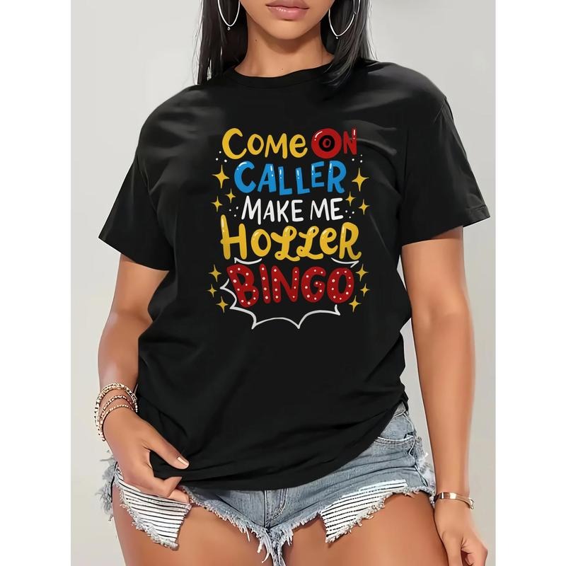 Women'S Plus Size Casual Short Sleeve T-Shirt with Bingo Print, Geometric Pattern, Polyester Knit Fabric, Comfortable...