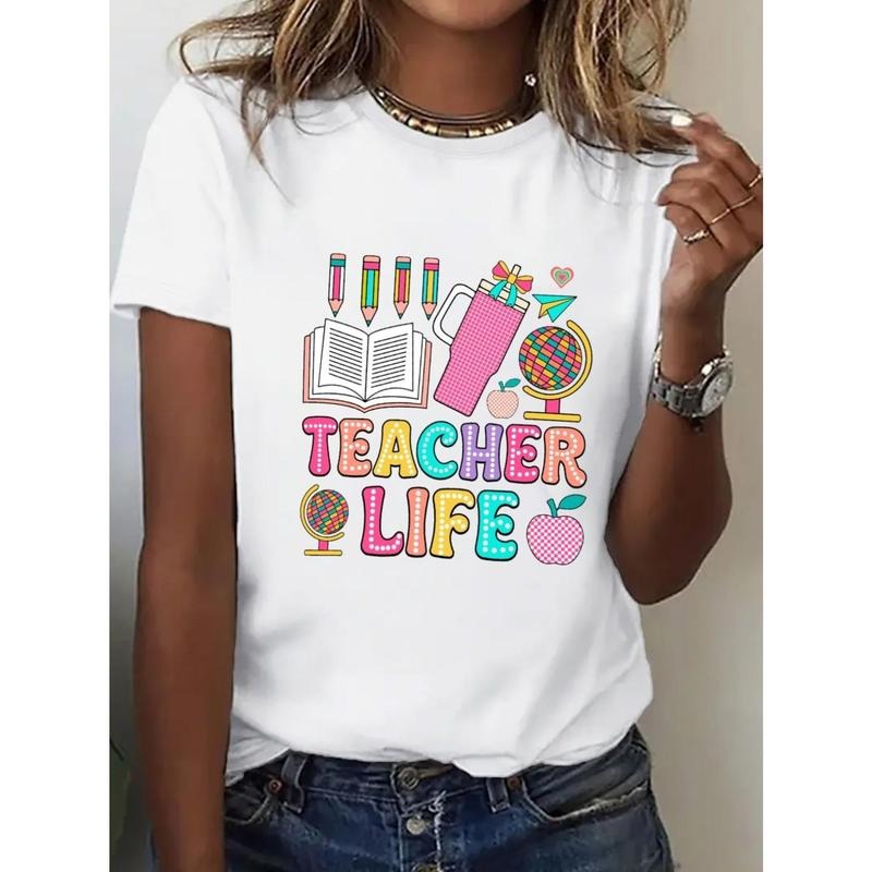 Women's Casual "Teacher Life" Graphic T-Shirt - Loose Fit, Short Sleeve, Knit, Spring/Summer Essential, White with...