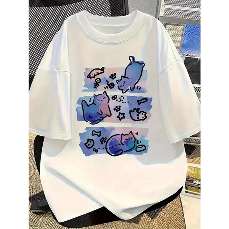 Women'S Casual T-Shirt - Comfortable & Relaxed Fit, Round Neck, Lightweight & Breathable, Pastel Cat Illustration,...