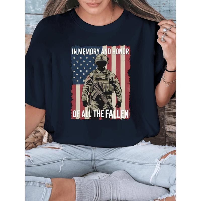 Women'S Patriotic Graphic T-Shirt - "In Memory and Honor" Soldier Tribute,  Casual Short-Sleeve Tee with American Flag...