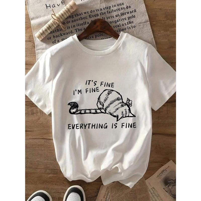 Women's "I'm Fine" Cat Graphic T-Shirt, 100% Cotton Casual Crew Neck Short Sleeve Top, Black with White Print,...