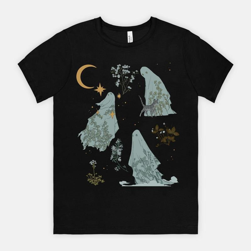 Summer Ghosts Tshirt Unisex top Black Casual Goth spooky halloween botanical whimsical shirt Hoodie, Sweatshirt