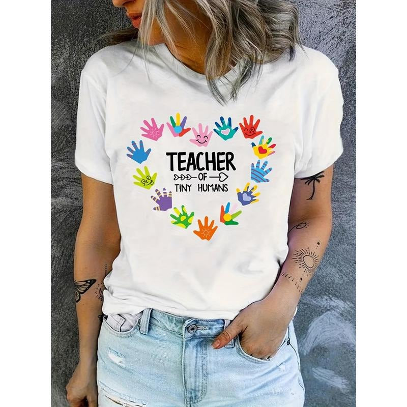 Summer Heart Print Crew Neck T-Shirt - Soft Mid-Elasticity Polyester Knit Fabric, Semi-Sheer Casual Top for Women