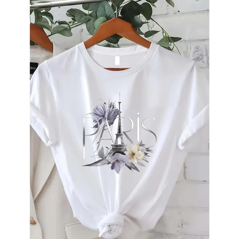Women's Paris-Inspired Floral Tee - Soft & Comfy Round Neck Short-Sleeve Casual Top, Perfect for Spring/Summer Outings,...