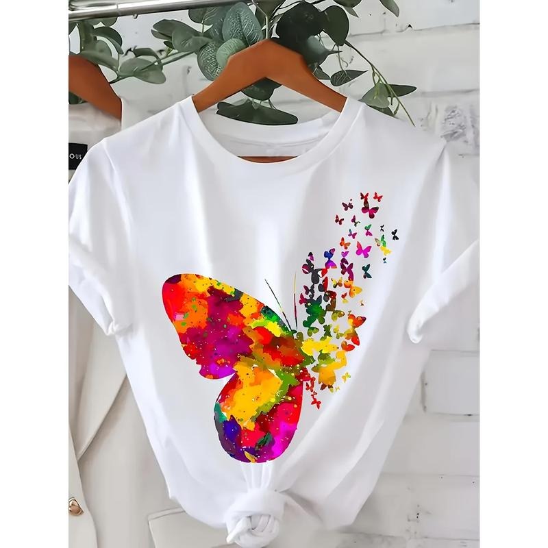 Summer Short Sleeve Round Neck Butterfly Print T-Shirt - Women's Casual Top for Spring Hoodie, Sweatshirt | UrbanDripWear.com