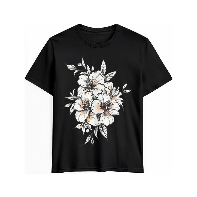 Women's Vintage Floral Print Short Sleeve Cotton T-Shirt, 100% Pure Cotton, Round Neck, Black with White Abstract Flower...