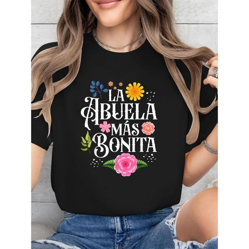 Mother's Day Hispanic Grandma T-Shirt - "La Abuela Más Bonita" Floral Print Casual Round Neck Tee, Vibrant Colors on...