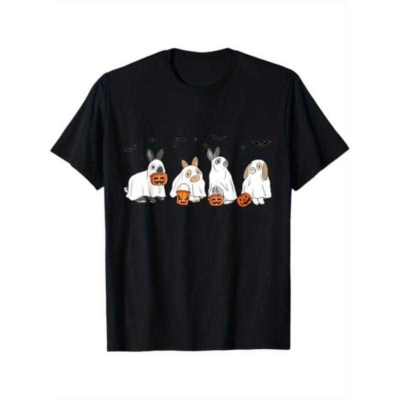 Summer Tshits 100% Cotton S to XXXL Cute Fall Ghost Bunny Rabbit Halloween Costume Spooky Season T-Shirt, Gifts for Men...