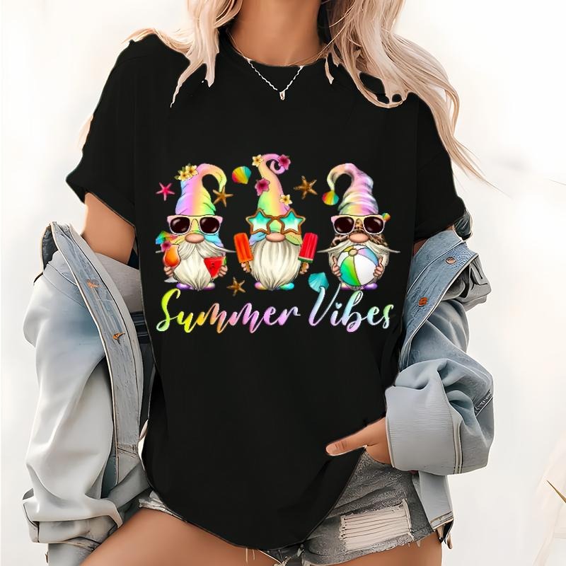 Summer Vibes Gnomes Pattern T Shirt, Summer Beach Gnome Short Sleeve Tops, Beach Gnome Popsicle Sunglasses Summer Graphic...