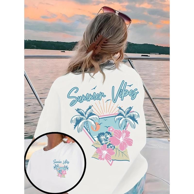 Summer Vibes Print Drop Shoulder T-shirt, Short Sleeve Crew Neck Casual Top For Spring & Summer, Women's Clothing,graphic...