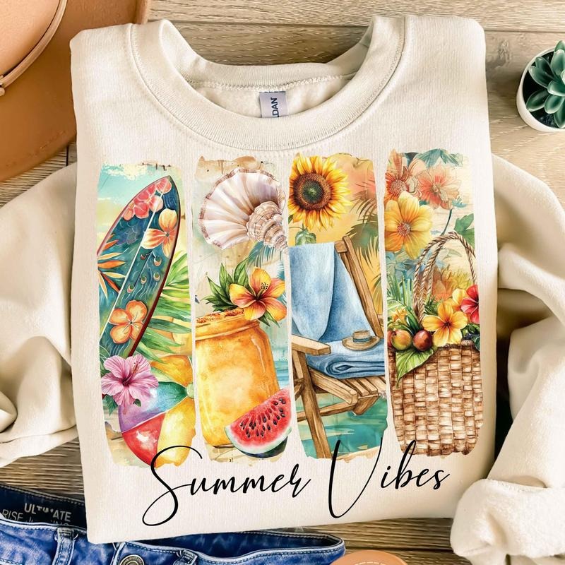 Summer Vibes Sweatshirt Retro Beach Scene Graphic Pullover Cozy Summer Crewneck for Women T-Shirts, Hoodie