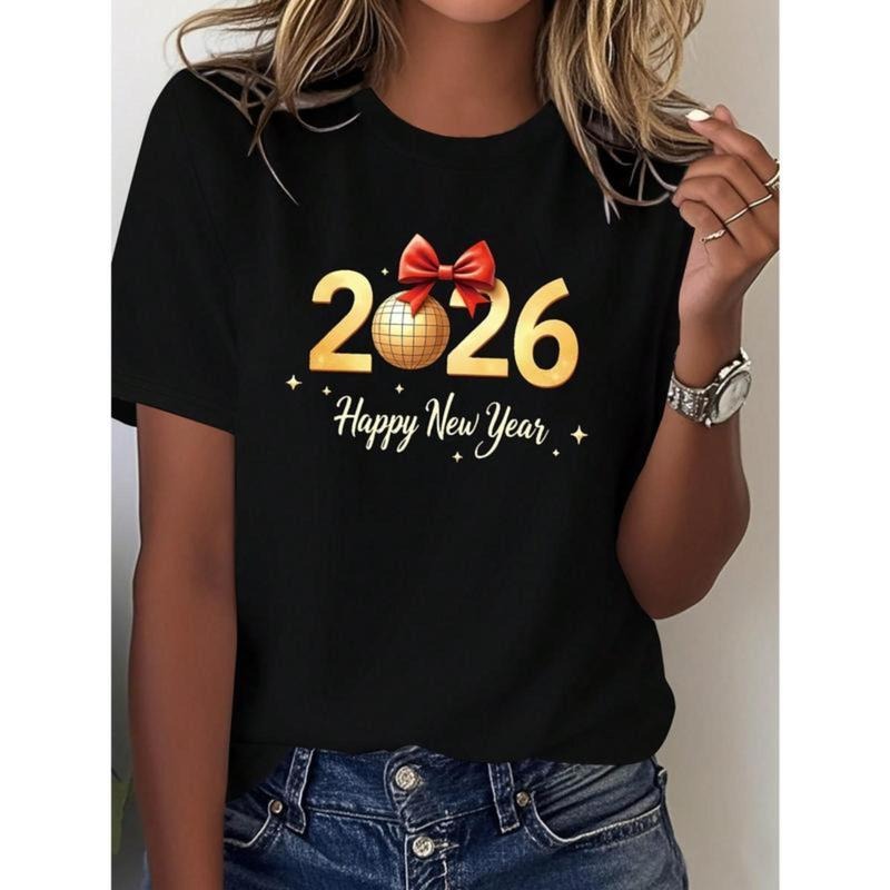 Women'S 2026 Happy New Year T-Shirt - Black With Golden Glittery "2026" & Red Bow - Stretchy Casual Party Outfit - New...
