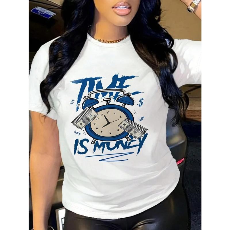 Women's Soft Graphic Tee - "Time is Money" Clock & Dollar Bill Design, Casual Short Sleeve T-Shirt, White with Blue...