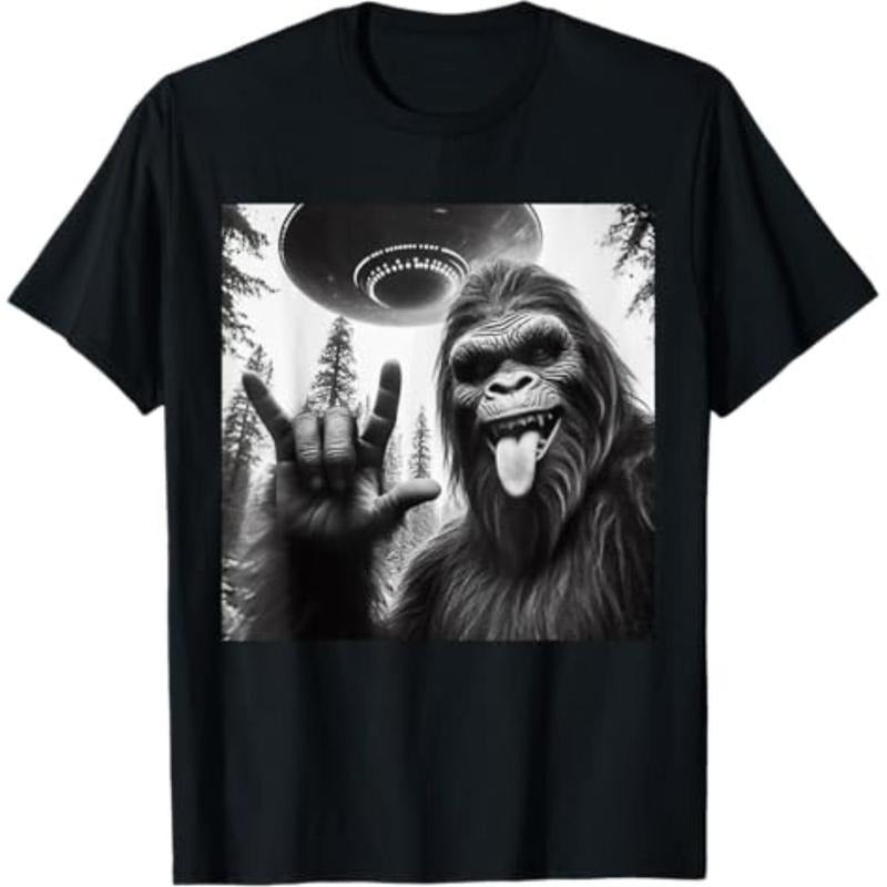Summer t Shirts Funny Sasquatch Bigfoot Rock On Selfie With UFO Alien T-Shirt Hoodie, Sweatshirt | UrbanDripWear.com