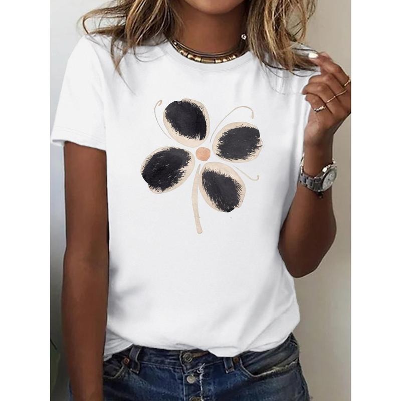 Women's 100% Round Neck Short-Sleeve T-Shirt with Floral Print, Lightweight & Breathable for Spring/Summer, Casual Street...