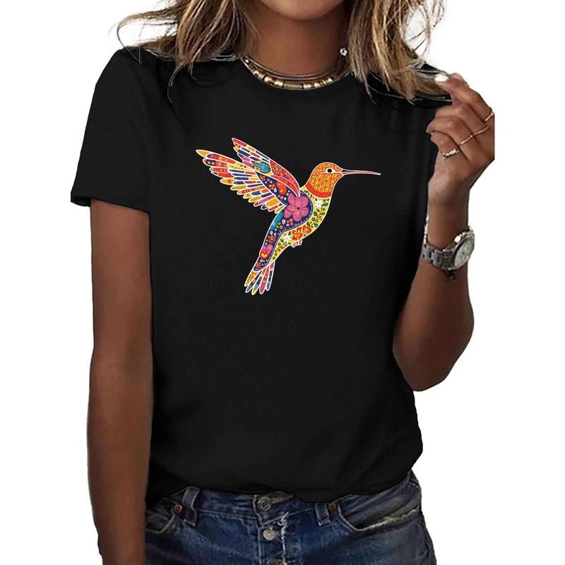 Women's Vibrant Hummingbird & Floral Print T-Shirt