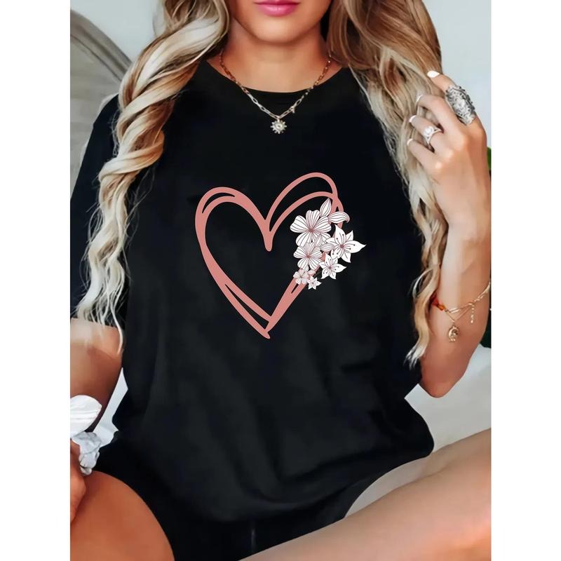 1pc Women's Oversized Crew Neck T-Shirt with Geometric Floral Heart Design, 100% Cotton Knit Fabric, Slight Stretch,...