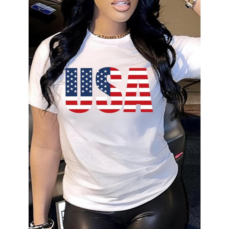 Patriotic USA Flag Print Tee for Women - Casual Crew Neck Short Sleeve, Breathable Polyester-Spandex Blend, Perfect for...