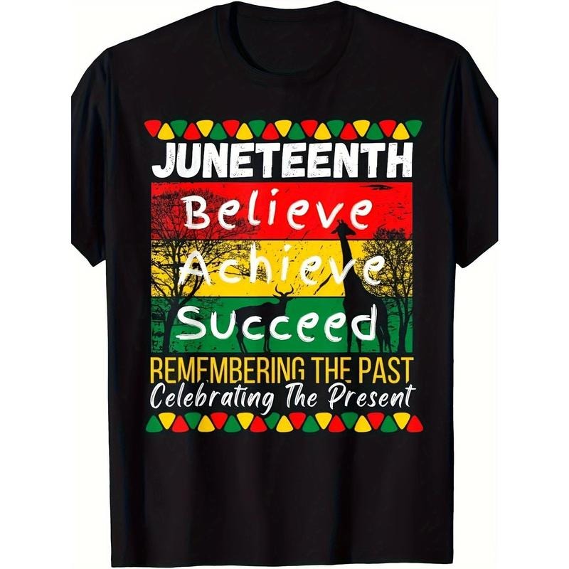 Juneteenth Celebration T-Shirt - "Believe Achieve Succeed" Inspirational Quote, Black Cotton Short-Sleeve Tee with...