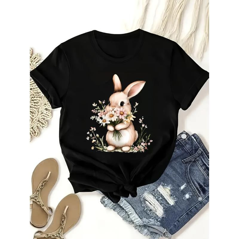 Women's Easter Bunny Graphic T-Shirt, Casual Crew Neck Short Sleeve Top for Spring/Summer Hoodie, Sweatshirt