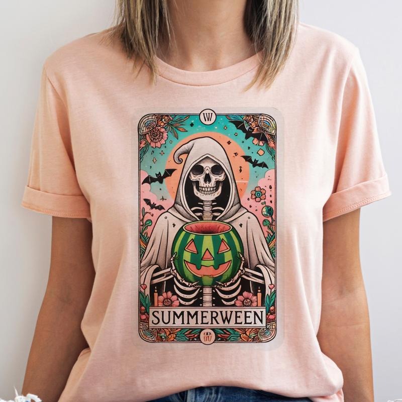 Summerween Skull Tarot Graphic Tee Skull Watermelon Jack-O-Lantern Tshirt Womens Casual Lightweight Shirt Hoodie, Sweatshirt