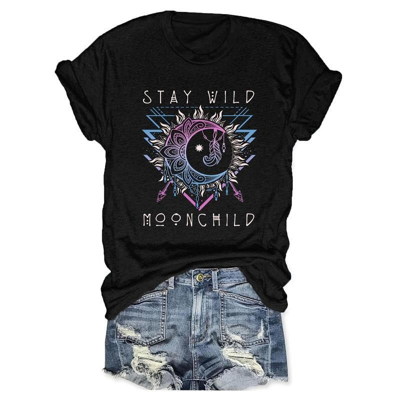 Sun and moon print round neck t-shirt, spring and summer casual short sleeve tops, women's clothing Hoodie, Sweatshirt