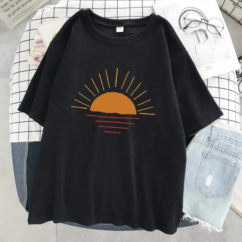 Sunset On The Coastline Printed Women T-Shirts Street Cotton Kawaii Short Sleeve Fashion Oversized Tops Loose Sports T...