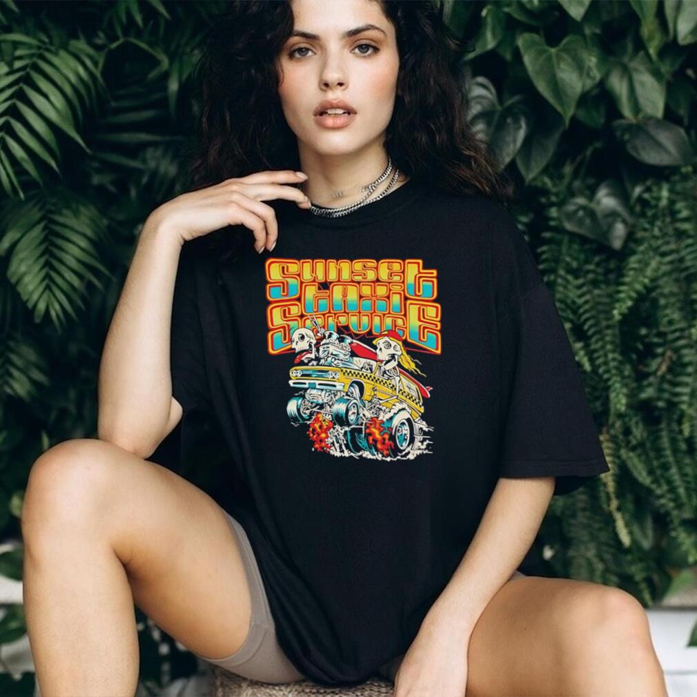 Sunset Taxi Service Retro Skeleton Surf Van Graphic T Shirt