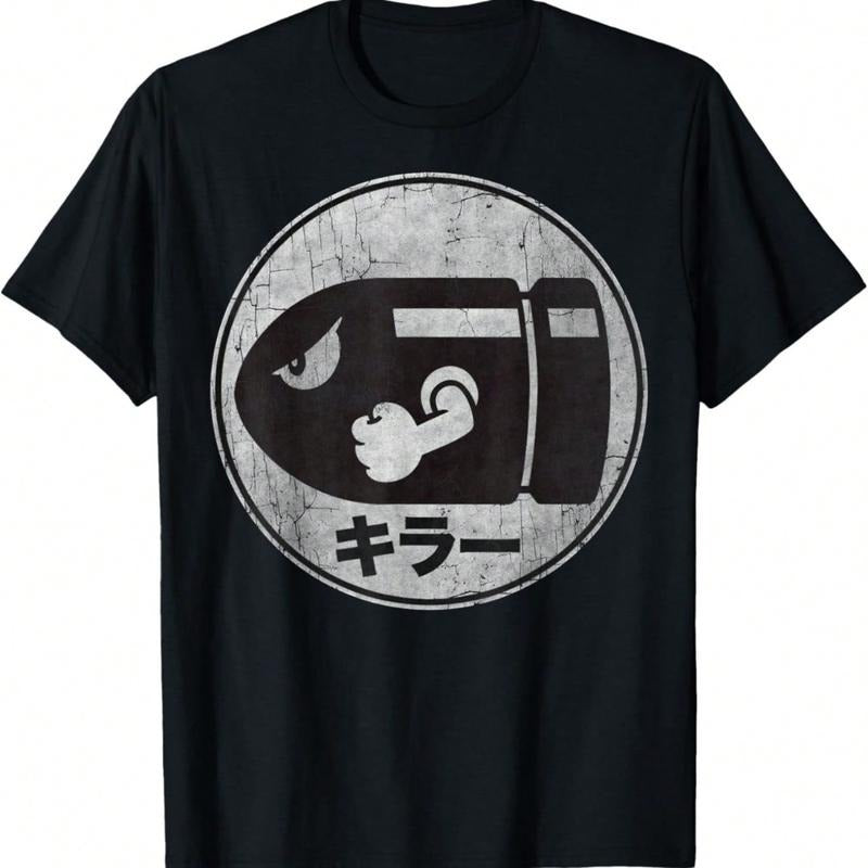 Super Bullet Bill Distressed Kanji Logo T-Shirt Cotton Fabric Menswear Top Black Short Sleeve Round Neck Regular Fit...