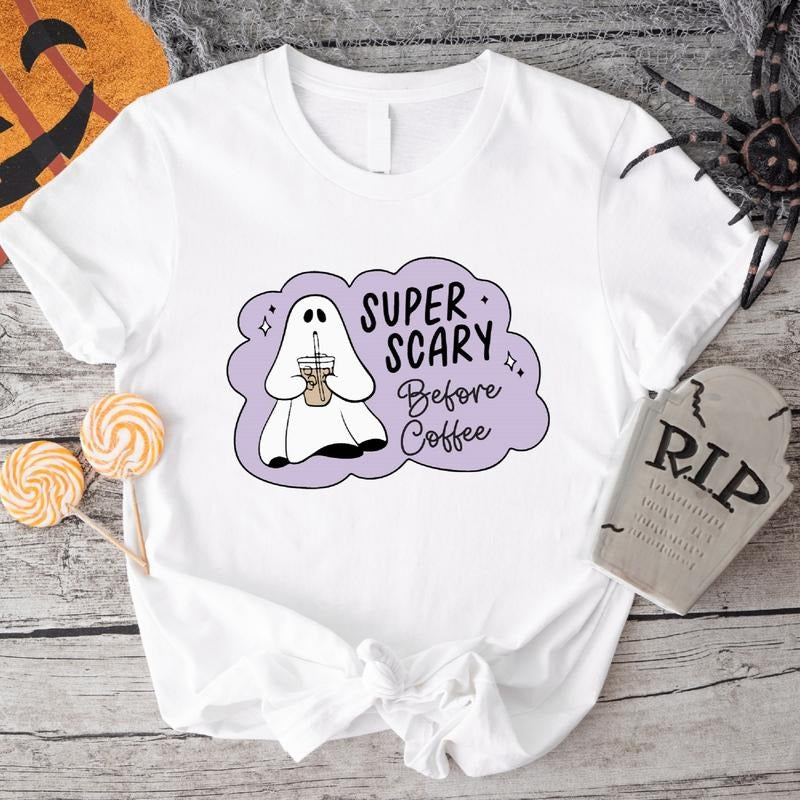 Super Scary Before Coffee T-Shirt, Cool Ghost Halloween Party Shirt, Iced Coffee Lover Gift Tee, Spooky Season Shirt....