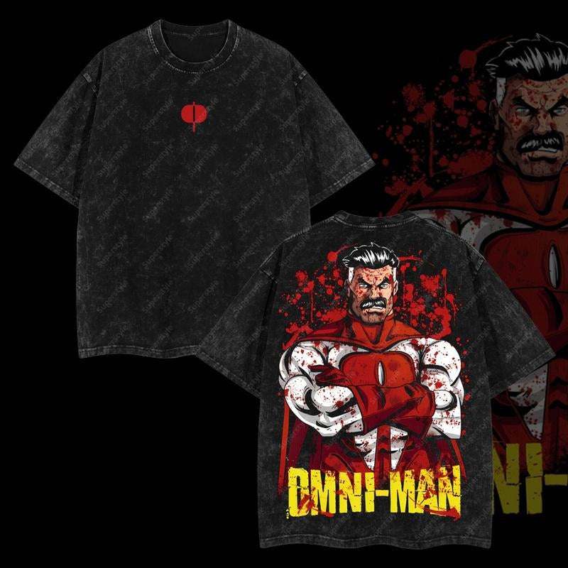 Superstyle Ultimate Omni-Man Invincible Multiverse War Comic Double Printed Oversize Lightweight Acid Washed Tee TV...
