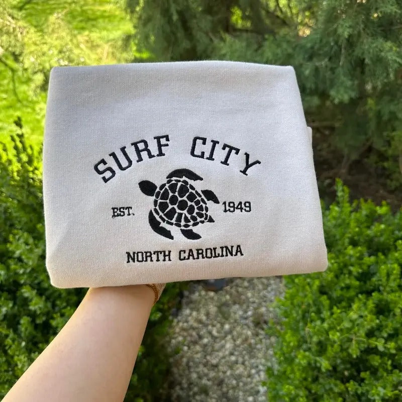 Surf City embroidered sweatshirt;  North Carolina embroidered crewneck; gift for her T-Shirts, Hoodie | UrbanDripWear.com
