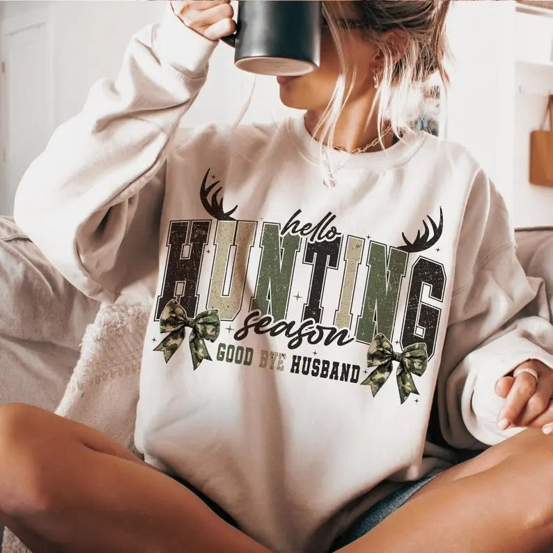 Girls Camo Bow T-shirt/Sweatshirt - Hunting Sublimation - Goodbye Husband - Hello Hunting Season