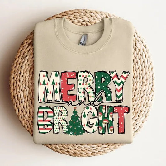 Merry and Bright Family Christmas Cotton T-shirt/Sweatshirt for Women - Unisex Style - Womenswear, Top