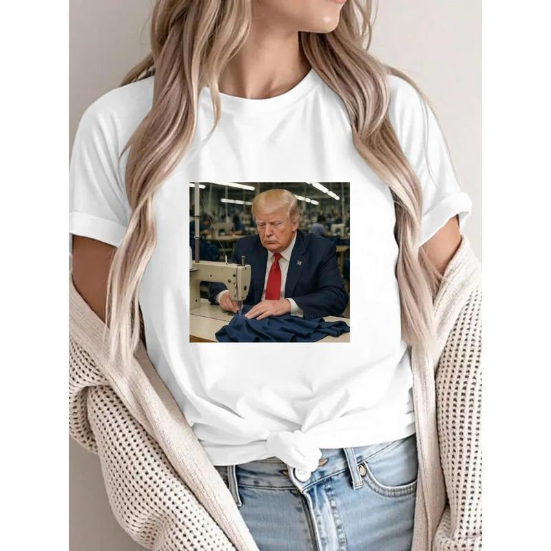 T - Shirt Featuring Image of trump Operating a Sewing Machine in a Factory Setting style 02 Hoodie, Sweatshirt |...