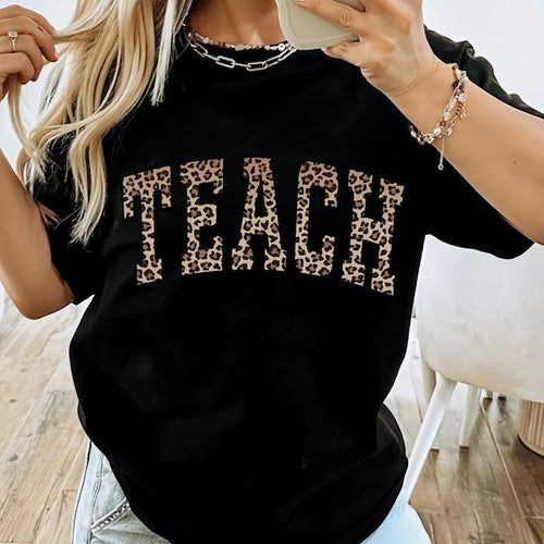 T - Shirt with "TEACH" in Leopard Print Pattern Hoodie, Sweatshirt | UrbanDripWear.com
