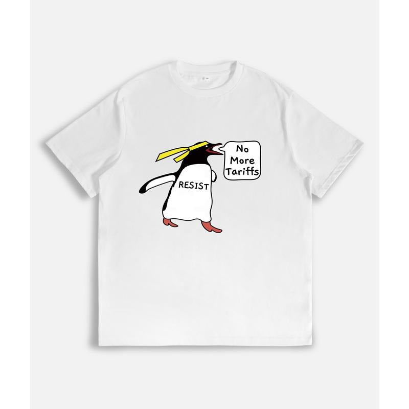 T - Shirt with Cartoon Penguin Saying "No More Tariffs" and "RESIST" Message style 02 Hoodie, Sweatshirt | UrbanDripWear.com