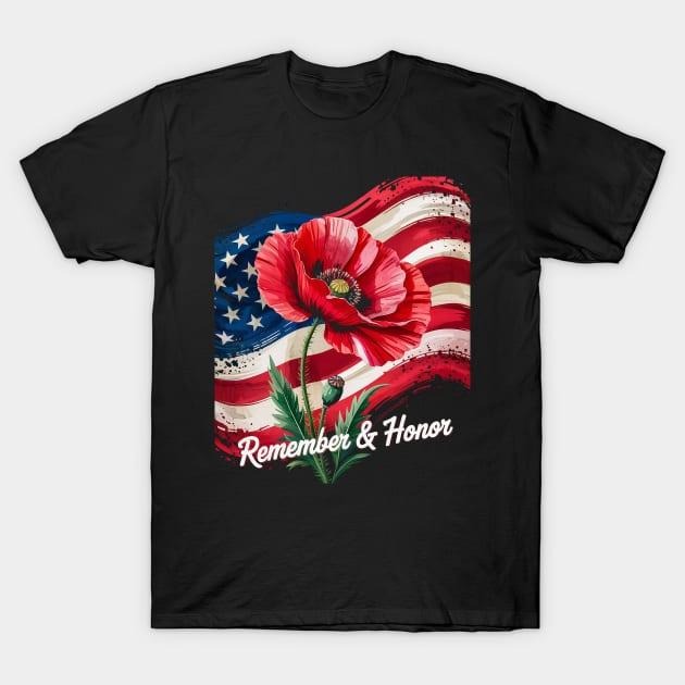 T - Shirt with Poignant American Flag and Poppy Design, Emblazoned with 'Remember & Honor' Motto Hoodie, Sweatshirt |...