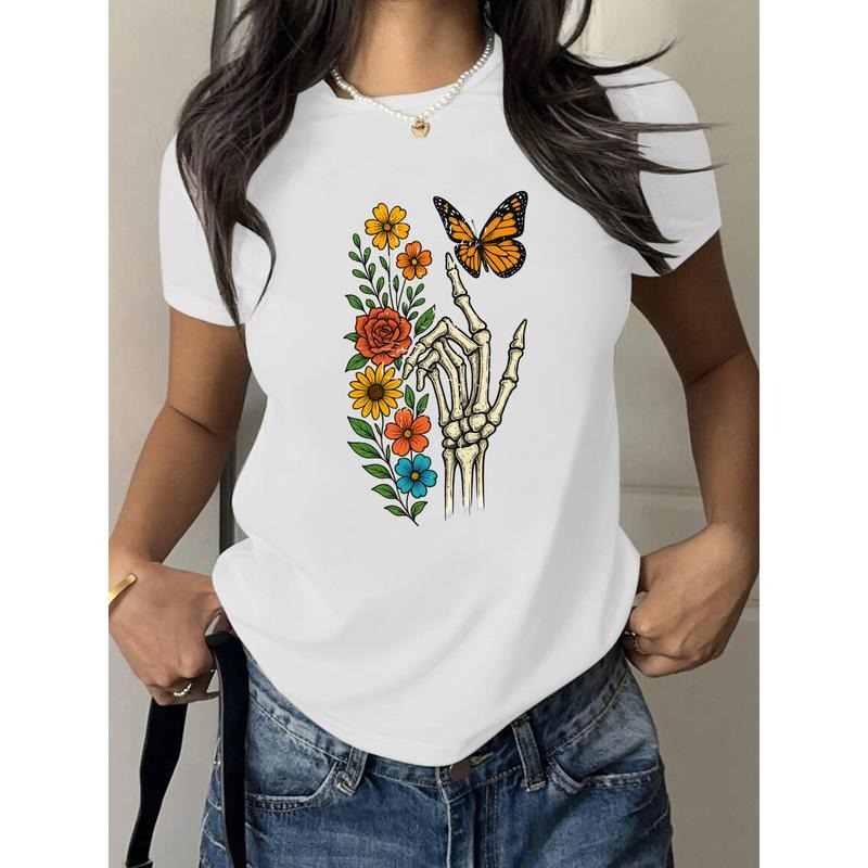 T - Shirt with Skeleton Hand: Blending Floral and Butterfly Elements for a Dark