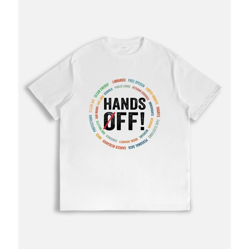 T-Shirt with "HANDS OFF!" Slogan and Circular List of Protected Entities Print Hoodie, Sweatshirt | UrbanDripWear.com