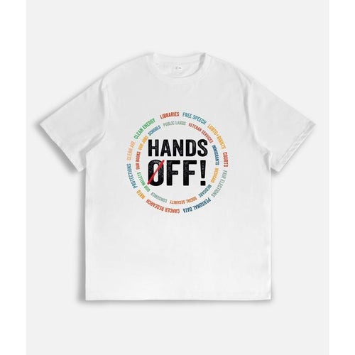 T-Shirt with "HANDS OFF!" Slogan and Circular List of Protected Entities Print Hoodie, Sweatshirt | UrbanDripWear.com