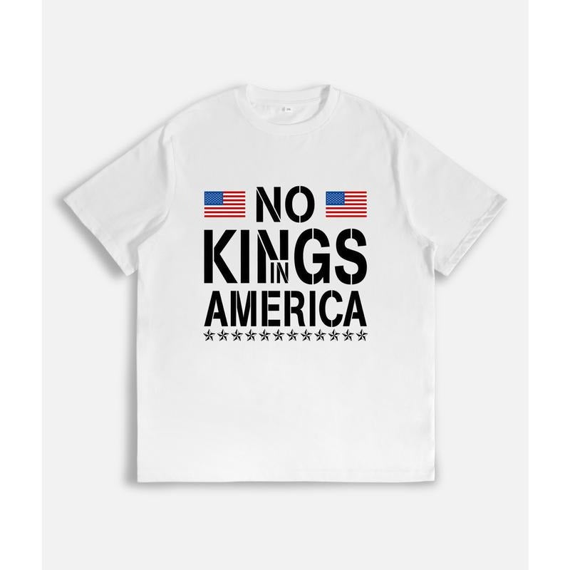 T-Shirt with "NO KINGS IN AMERICA" Slogan and American Flag Elements Print Hoodie, Sweatshirt | UrbanDripWear.com