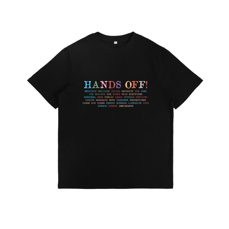 T-Shirt with Colorful "HANDS OFF!" Slogan and List of Protected Items and Services Print Hoodie, Sweatshirt