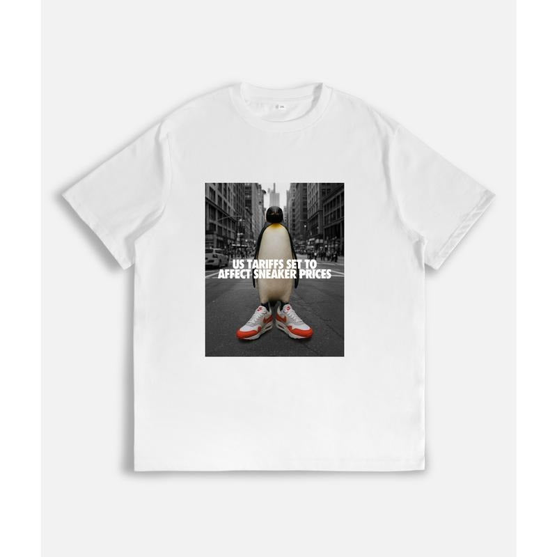 T-Shirt with Penguin Wearing Sneakers and "US TARIFFS SET TO AFFECT SNEAKER PRICES" Text Print Hoodie, Sweatshirt