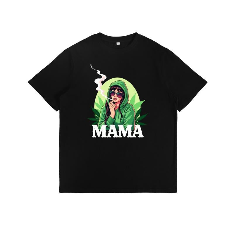 T-Shirt with Smoking Figure in Hoodie and "MAMA" Text Surrounded by Cannabis Leaves Graphic Print Sweatshirt