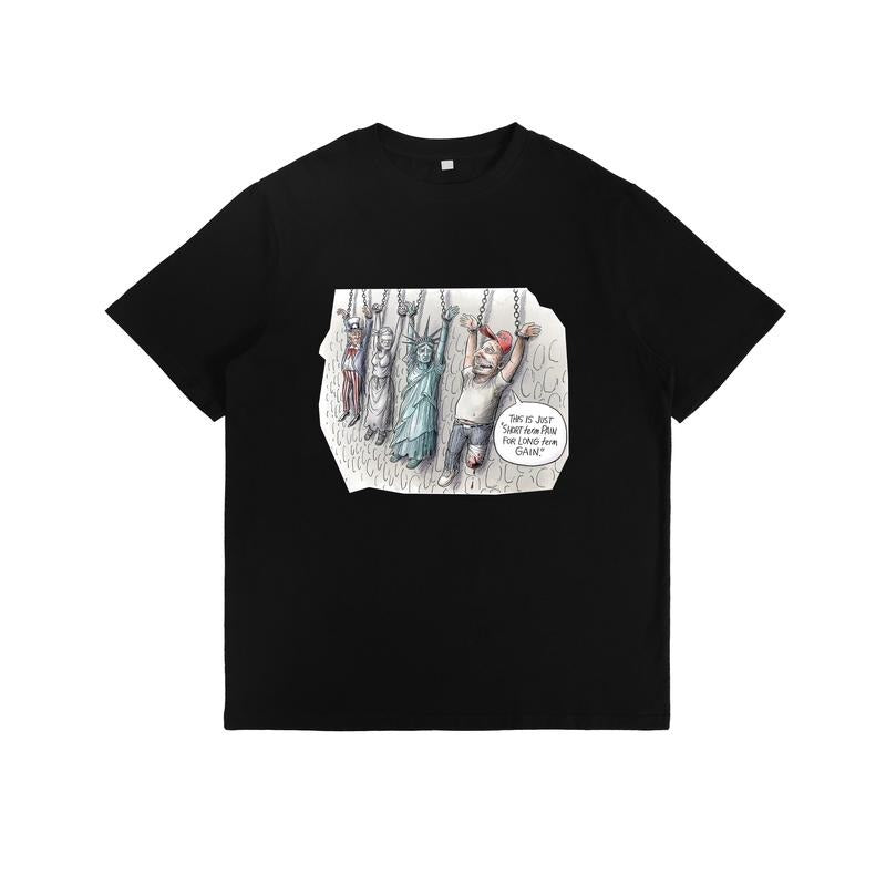T-Shirt with Statue of Liberty and Figure Caricature Print and "This Is Just Shanty